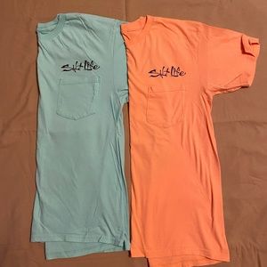 2 Mens Salt Life T shirts. Teal & coral colors, size Med excellent condition